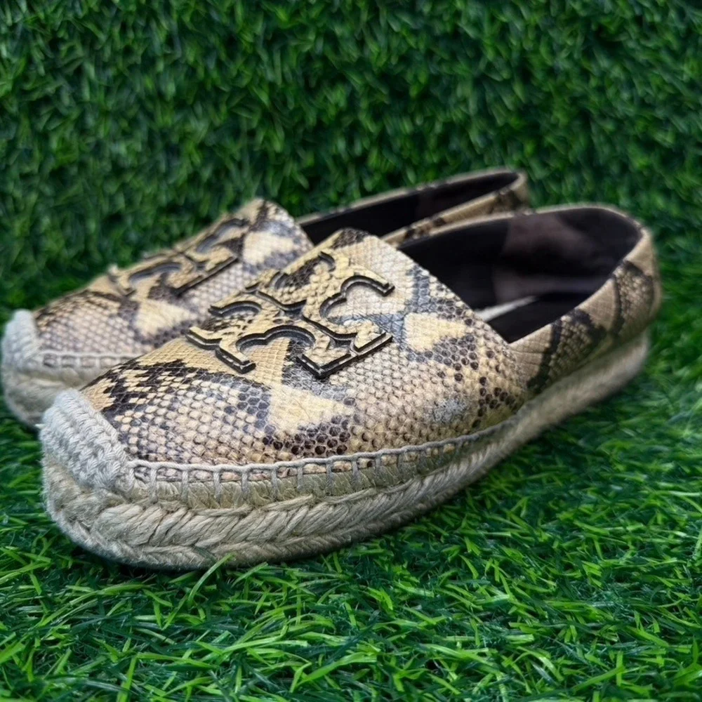Tory Burch Slip On Women 7M Ines‎ Espadrille Tan Snakeskin Leather Platform